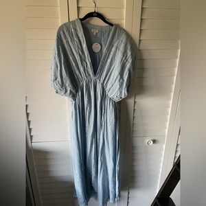 Vici queenie woven shimmer midi dress- sky blue